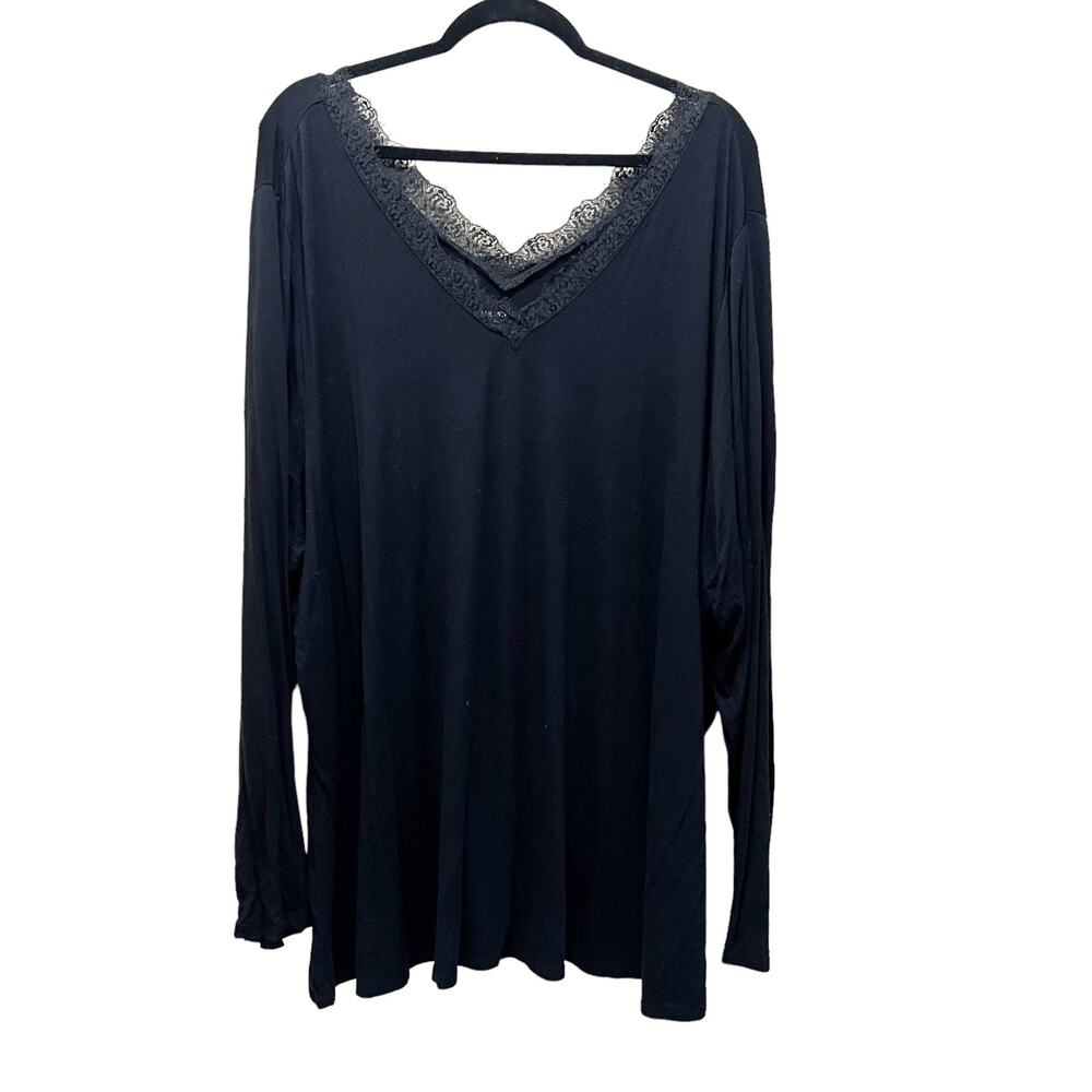 Lane Bryant Long Sleeve Top Black V-Neck Stretch Lace Pullover Plus Size 26/28